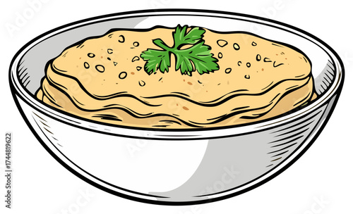 Cartoon illustration of a bowl of creamy hummus, garnished with parsley.