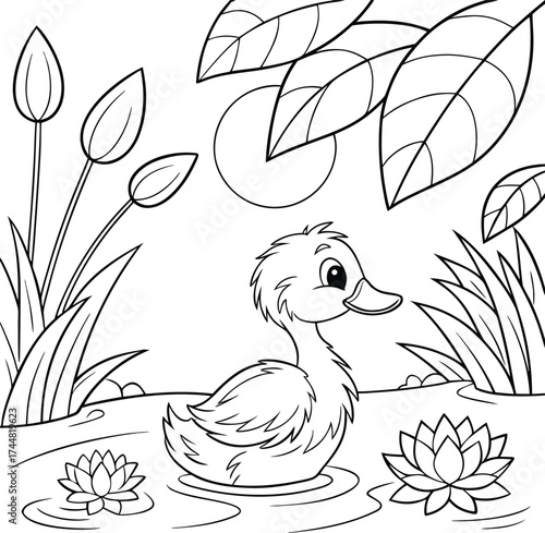 “Cute Duckling Coloring Page. Adorable Baby Duck in Tropical Pond with Water Lilies and Reeds, Black and White Line Art for Kids and Adults”