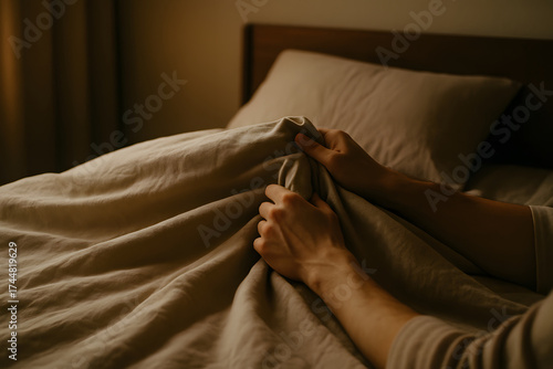 Sage organic linen bedding on styled bed with woven throw blanket, cozy and inviting lifestyle scene for home decor