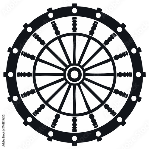 Buddhist Dharmachakra spiritual wheel symbol black and white vector