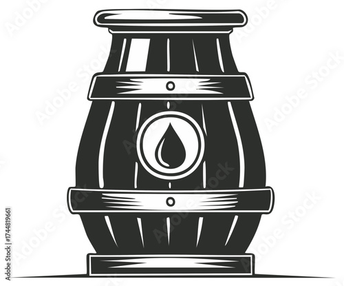 Vintage Wooden Barrel with Oil Droplet Symbol Monochrome Illustration