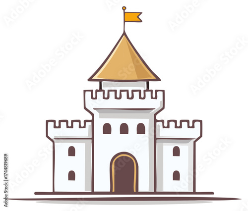 Stylized cartoon illustration of a medieval fairy tale castle with stone towers
