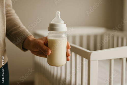 man is hand holding a milk bottle, close up