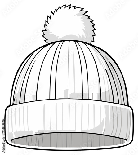 Black and white line art illustration of a cozy knitted winter hat with a fluffy pompom