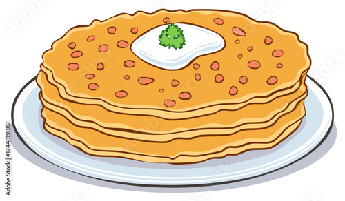 Stack of Savory Pancakes Garnished with Cream and Herbs on a Plate Delicious Food Still Life