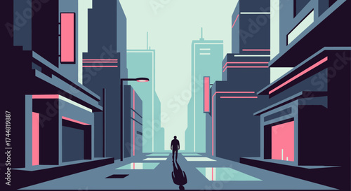 A solitary figure walks alone down a deserted city street.