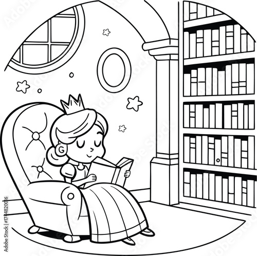 “Black and White Coloring Page for Kids: Cartoon Princess Reading in Royal Library, Simple Outline for Children's Activity”