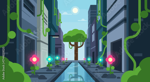 A Solitary Green Tree and Glowing Flowers in a Futuristic City Alley.