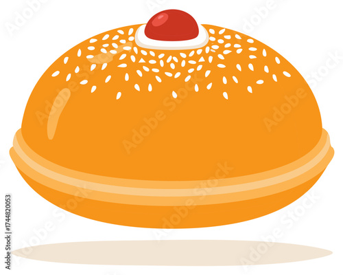 Delicious golden fried doughnut with a sweet jelly filling and sesame seed topping