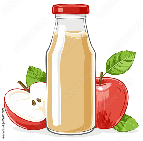 Glass bottle filled with apple juice with a red lid next to a red apple with leaves and a halved apple with seeds.