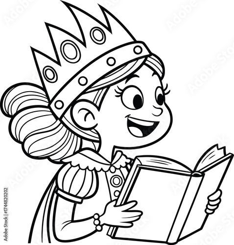 “Happy Little Princess with Crown Holding a Storybook, Fun Line Art Coloring Illustration for Children and Girls”