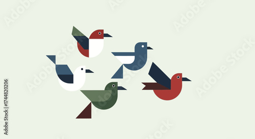 A stylized flock of geometric birds in minimalist flight.