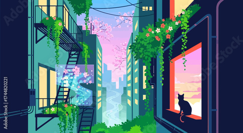 A solitary black cat silhouette on a brightly lit windowsill.