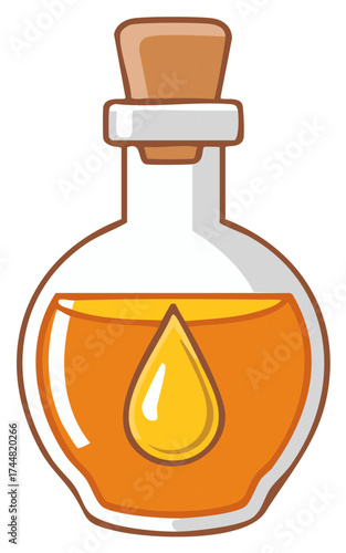 Illustration of a Glass Bottle with Orange Liquid and Cork Stopper, Featuring a Prominent Oil Drop