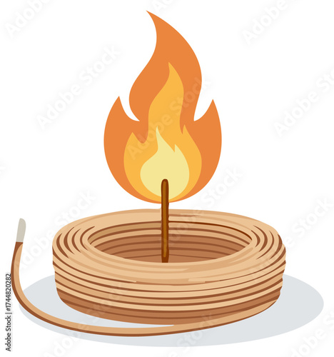 Coiled Slow Burning Fuse with a Bright Orange Flame Illustration