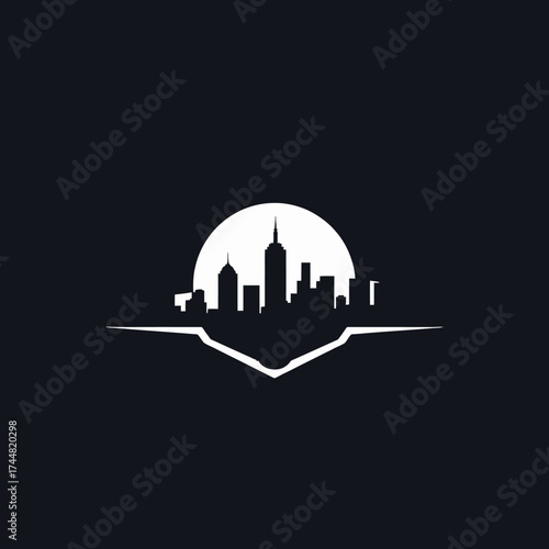 Silhouette of a city skyline with skyscrapers against a bright moon, framed by a stylized baseball diamond shape.