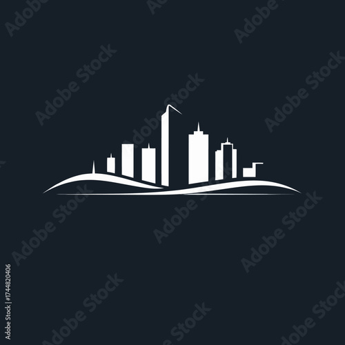 Silhouette of a city skyline with skyscrapers against a bright moon, framed by a stylized baseball diamond shape.