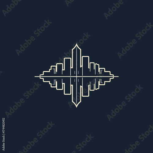 Silhouette of a city skyline with skyscrapers against a bright moon, framed by a stylized baseball diamond shape.