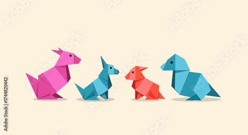 A vibrant collection of four origami paper craft animals.