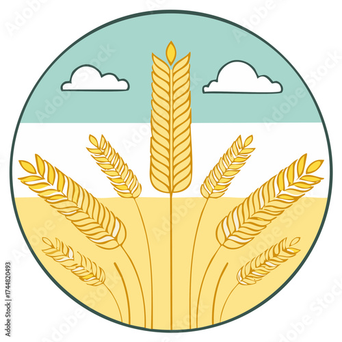 Wheat Field Graphic: Golden Spikes, Fluffy Clouds, and Sunny Sky