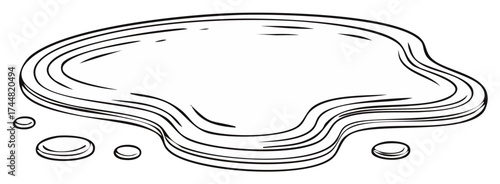Puddle of water line art illustration. Simple black and white hand drawn liquid spill with droplets.