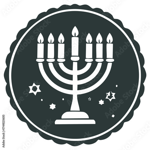 Menorah with Seven Lit Candles and Stars, Circular Emblem Design