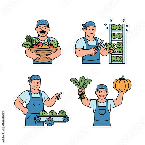 illustrations set A farmer in various poses, harvesting and managing vegetables and produce in a farm setting.