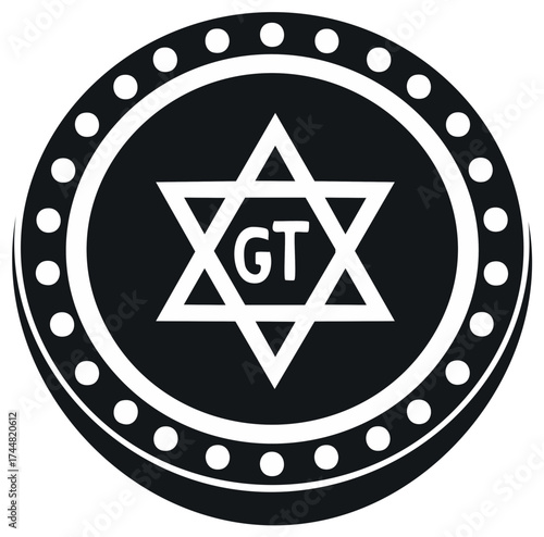 Black and white badge with star and letters