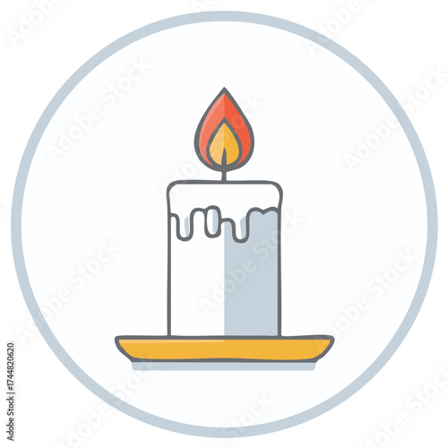 Minimalist lit candle with dripping wax and a vibrant flame on a small golden plate