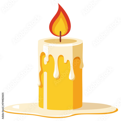 Burning Cartoon Candle with Melted Wax Simple Flat Vector Illustration