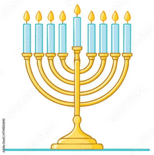 Cartoon illustration of a gold menorah with lit candles for the holiday of Hanukkah