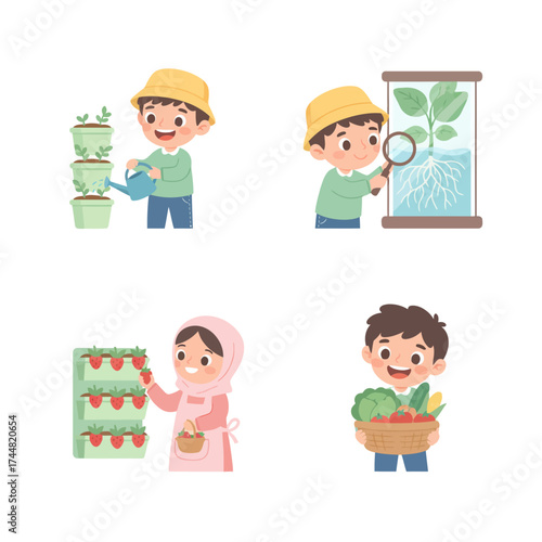Illustrations set of children engaging in gardening activities, tending plants, and harvesting vegetables.
