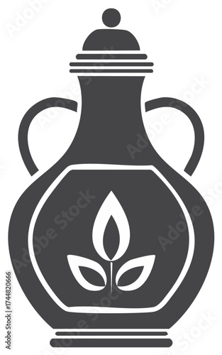 Traditional olive oil jug with handles, lid, and decorative flame leaf emblem