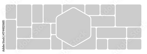 Abstract photo collage layout with bento grid and hexagonal frame elements