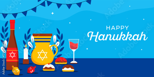 hanukkah jewish festival horizontal banner illustration in flat style