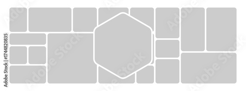 Creative moodboard collage template in bento grid and hexagon layout style