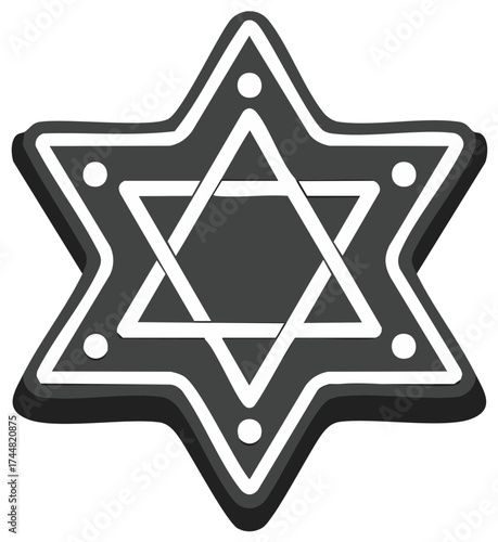 Isolated six pointed star illustration in grayscale, religious, cultural, holiday, decoration, ornament, and background themes.