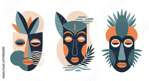 Abstract African tribal masks with geometric shapes and vibrant colors.