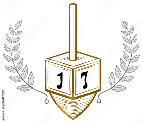 Dreidel with Laurel Wreath and Numbers 1 and 7 Symbols of Game and Celebration