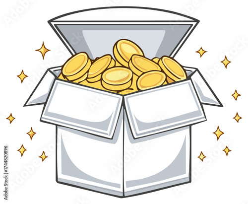 Open Box Overflowing with Golden Coins and Sparkle Effects
