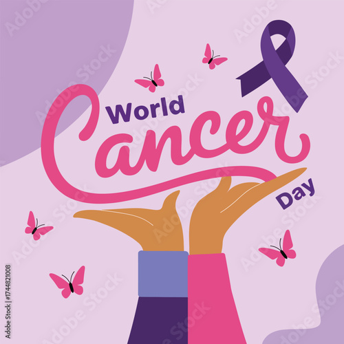 World Cancer Day Awareness Vector Illustration with Hands Holding Purple Ribbon and Butterflies Symbolizing Hope and Support