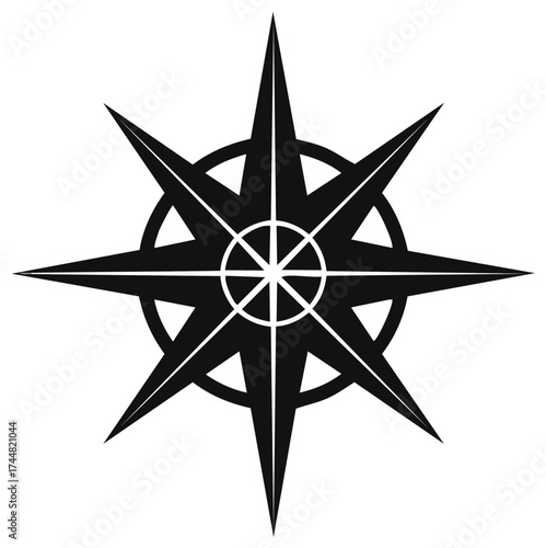 Black and white abstract compass rose symbol with sharp points