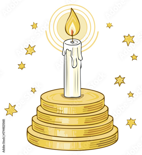 Cartoon candle illuminates a pile of gold coins symbolizing wealth and success