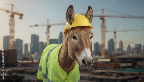 Against the blurred outlines of a construction site, a donkey in a safety jacket and yellow helmet stands alert, epitomizing the essence of World Safety Day. World Donkey Day, May 8