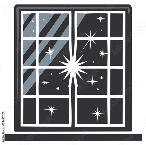 Dark window looking out at a shimmering starry night sky with a prominent bright sparkle