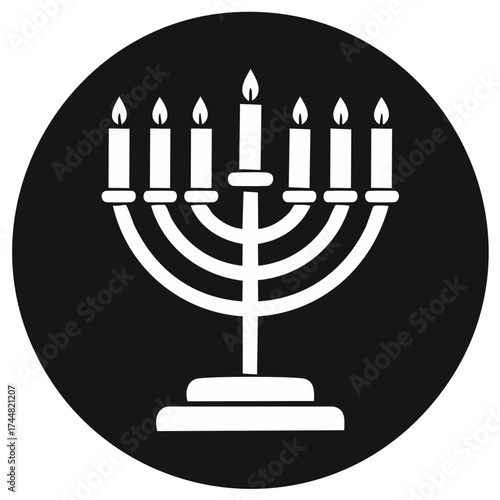 Menorah Candlestick with Lit Candles Symbol in White Against Black Background
