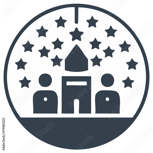 Abstract illustration of people, stars and a building within a circle