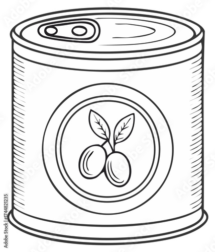 Black and white illustration of a canned food container with an olive branch emblem