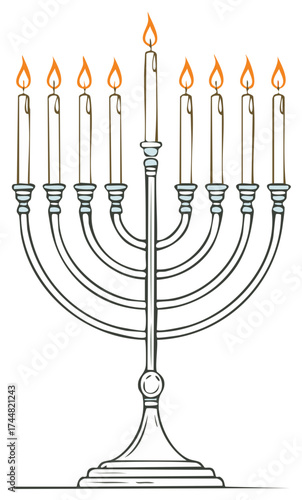 Hanukkah Menorah with Nine Lit Candles Celebrating Festival of Lights