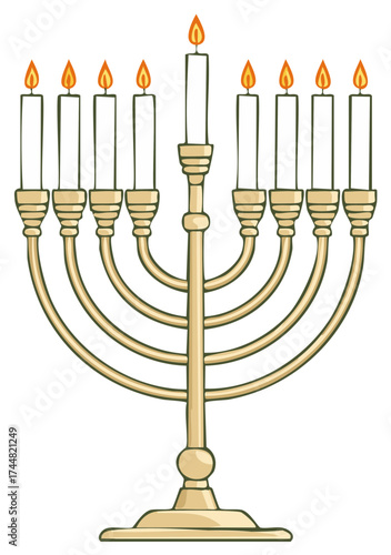 Golden Hanukkah menorah with nine lit candles cartoon illustration